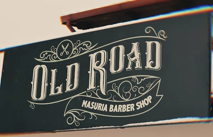 Old Road Barbershop galeria wnętrze, logo, baner, szyld, zewnętrzny napis
